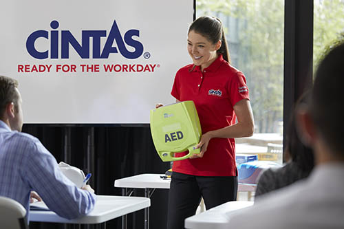Cintas representative teaches about AEDs and how they are used