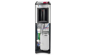 Open Cintas WaterBreak unit showing drain bottle  and hot and cold water tubing