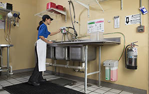 Female employee filling a Three-Compartment Sink with Signet Sanitizer from a dispenser